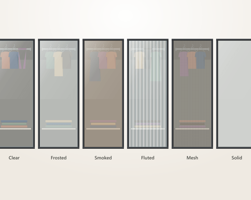 Six wardrobe door panels shown side by side — clear, frosted, smoked bronze, fluted, woven metal mesh and solid aluminium — each with hanging clothes behind at a different degree of visibility