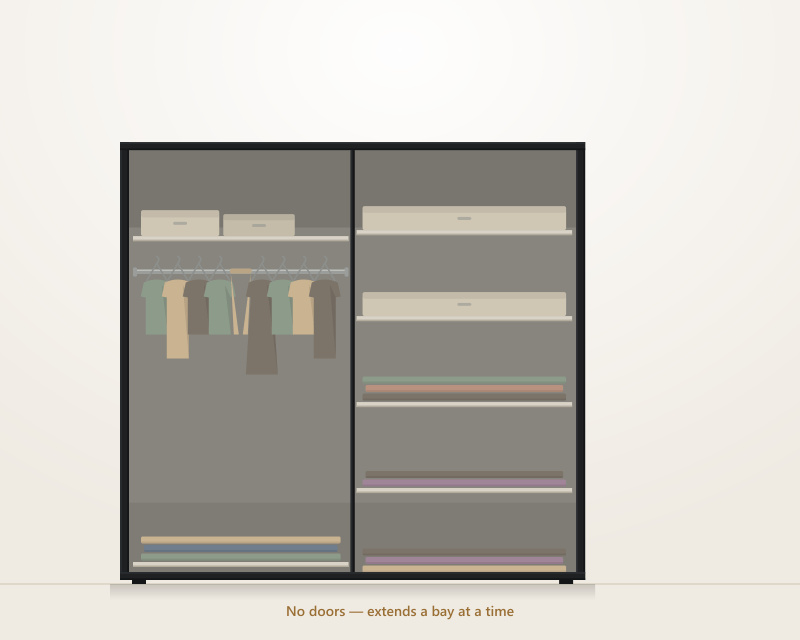 An open Alucent rail system against a wall, two bays wide, with hanging clothes, open shelves and storage boxes on the top shelf, and no doors anywhere
