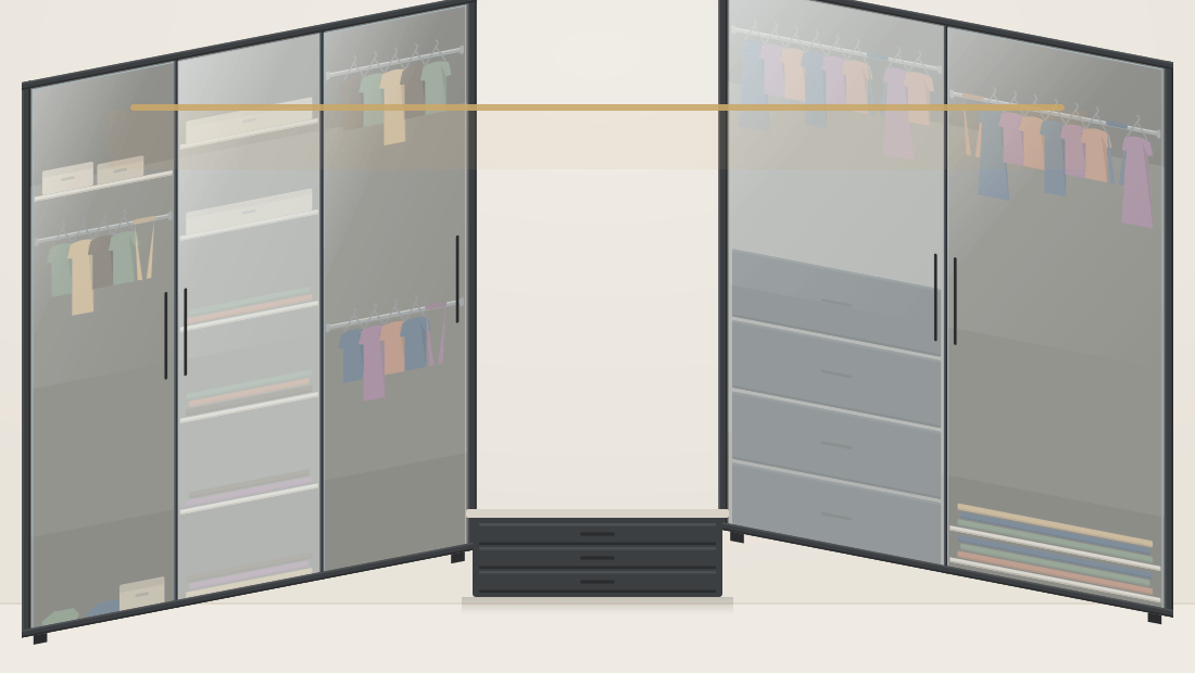 A walk-in dressing room drawn in perspective: full-height aluminium bays down both walls with mixed clear and frosted doors, a low drawer island in the centre and a lit rail along the top