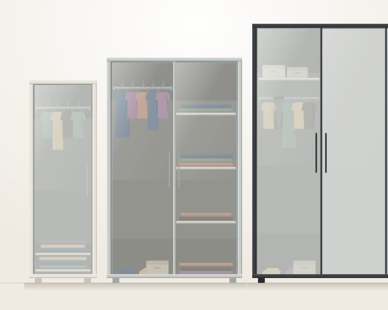 Three Alucent wardrobes side by side at a common scale — a narrow single, a two-door and a three-door — showing the range of widths