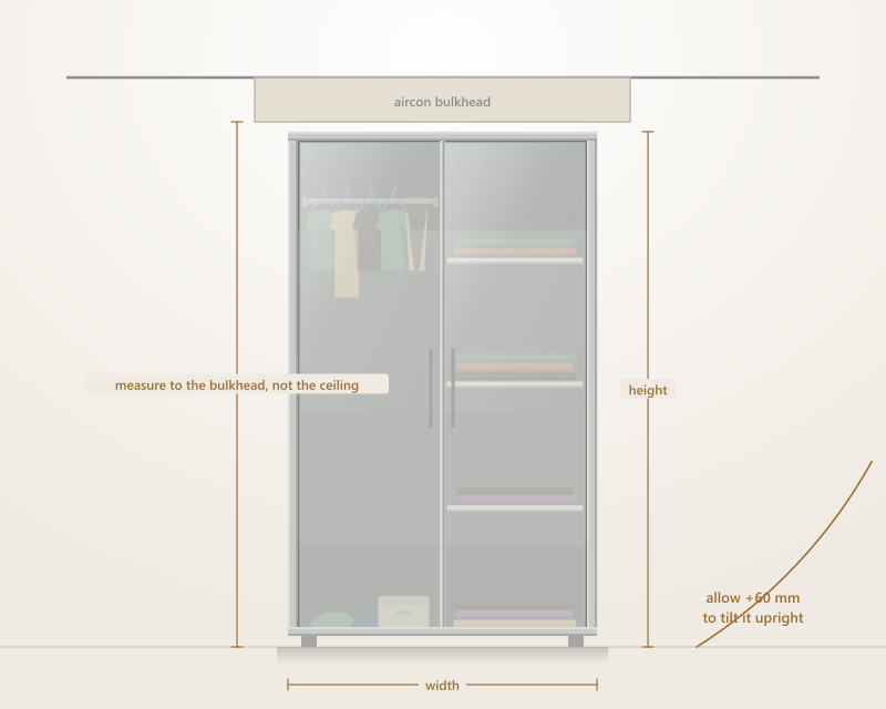 A wardrobe drawn in elevation under a ceiling bulkhead with width, height and clearance dimensions marked