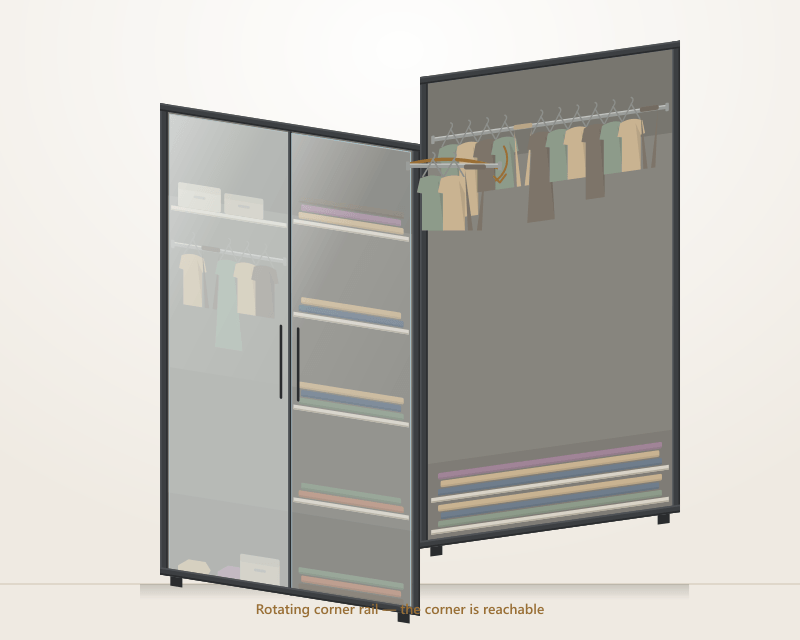 Angled view of an L-shaped Alucent corner wardrobe with acrylic doors on both wings and the corner bay open, showing a rotating rail swung out toward the viewer