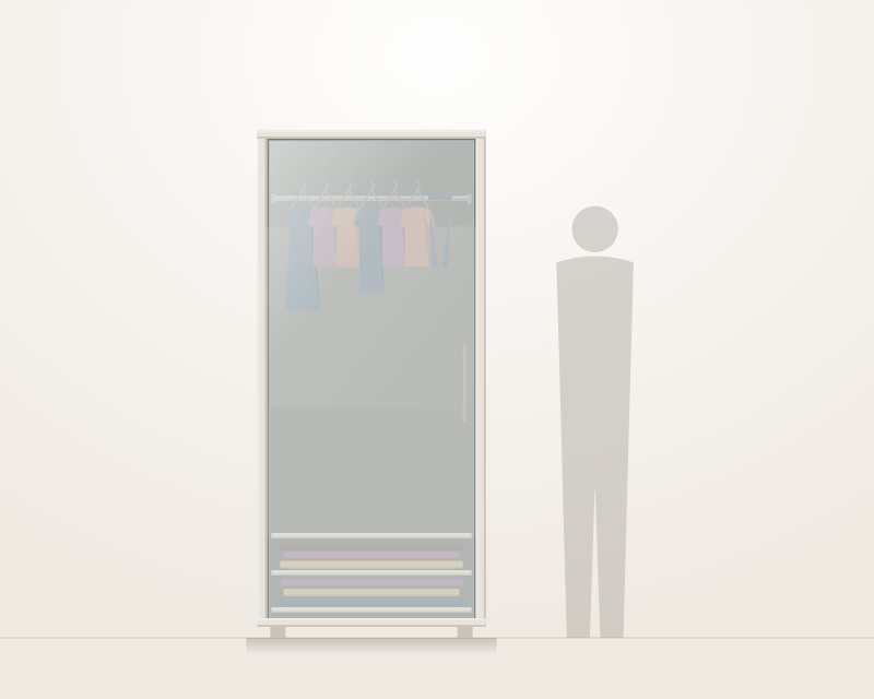 Front elevation of a narrow single-door Alucent wardrobe in a pale frame with a frosted acrylic door, beside a scale figure showing it at roughly shoulder-and-a-half height