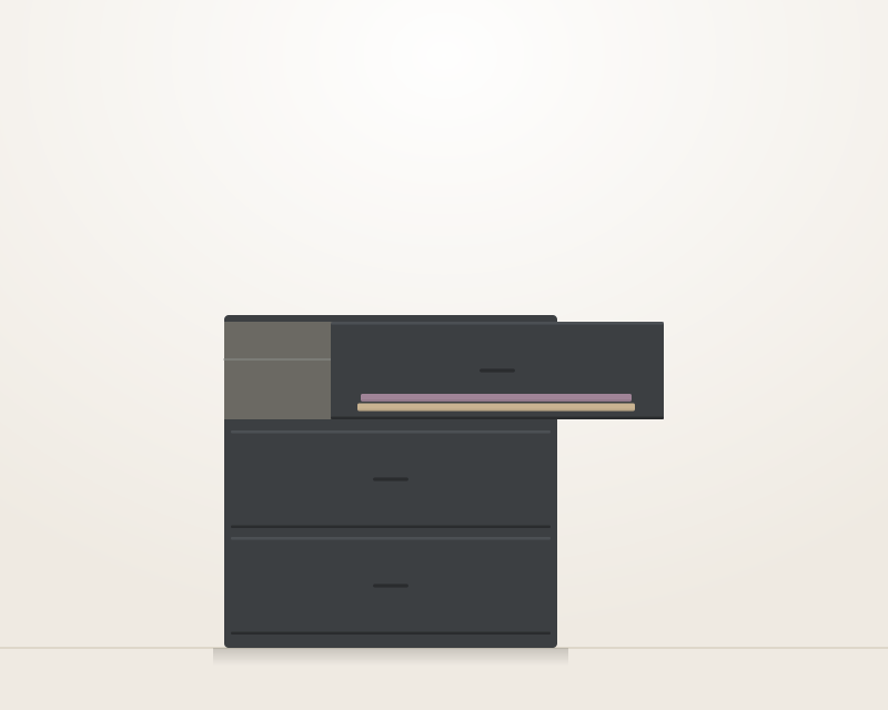 A three-drawer aluminium module with the top drawer pulled fully open on its runners, shown detached from a wardrobe