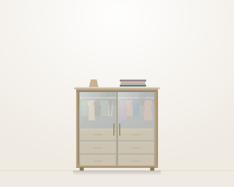 Front elevation of a waist-height Alucent armoire: two frosted acrylic doors above three drawers, with a solid worktop carrying a lamp and a folded stack of clothes