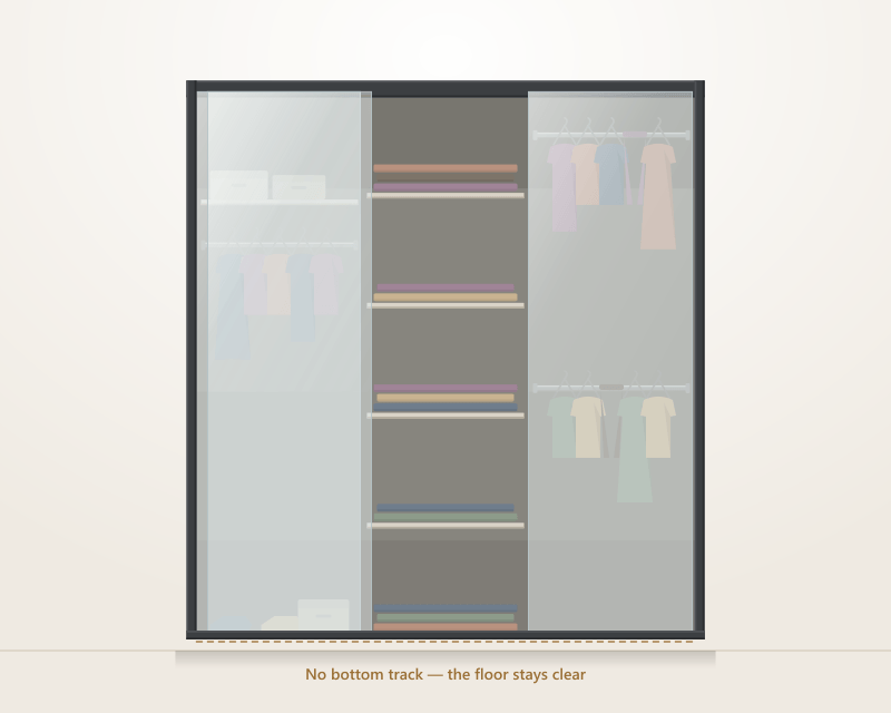 Front elevation of a sliding-door Alucent wardrobe: three wide frosted acrylic panels on a concealed top track, the centre panel slid aside to reveal hanging clothes and shelves