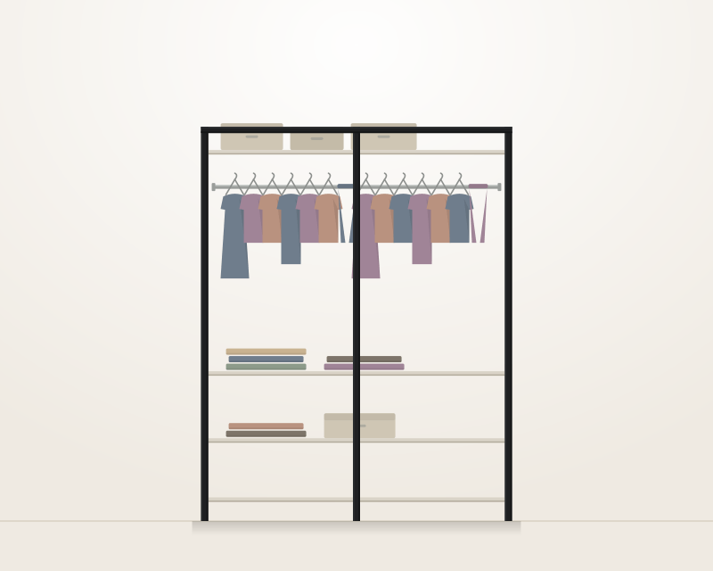 Front elevation of an open Alucent rail system: two slim aluminium uprights carrying a hanging rail of clothes, three open shelves below and a top shelf holding folded boxes, with no doors