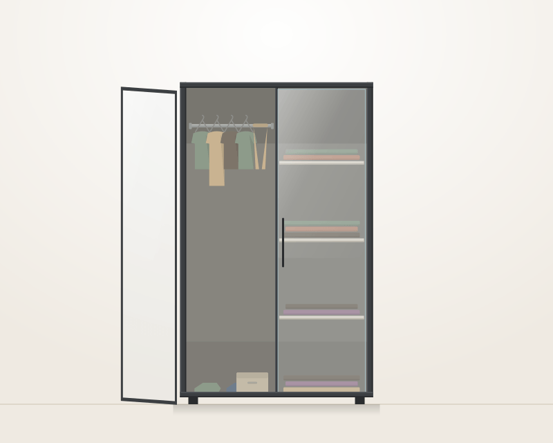 Front elevation of a two-door Alucent wardrobe: a slim anodised aluminium frame with two full-height clear acrylic doors, one standing open to show a hanging rail of clothes above a stack of four shelves
