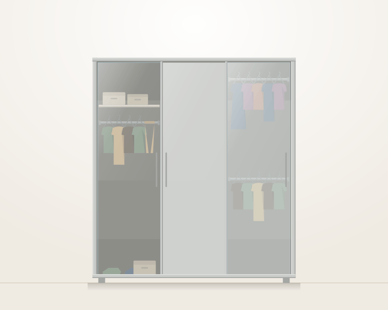 Front elevation of a three-door Alucent wardrobe with a divided interior: a full-height hanging bay on the left behind a clear door, a solid centre door, and a double-hang bay on the right